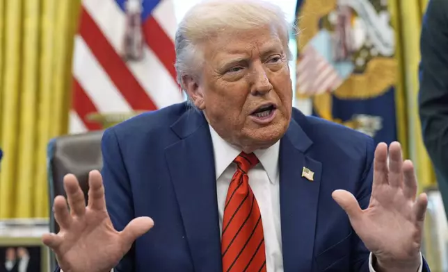 President Donald Trump speaks as he signs executive orders in the Oval Office of the White House, Thursday, April 17, 2025, in Washington. (AP Photo/Alex Brandon)