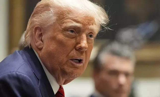 President Donald Trump speaks before a luncheon with Italy's Prime Minister Giorgia Meloni in the Cabinet Room of the White House, Thursday, April 17, 2025, in Washington. (AP Photo/Alex Brandon)