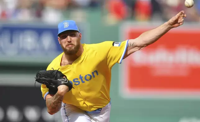 Boston Red Sox's Garrett Crochet delivers a pitch to a Chicago White Sox batter in the first inning of a baseball game, Saturday, April 19, 2025, in Boston. (AP Photo/Steven Senne)