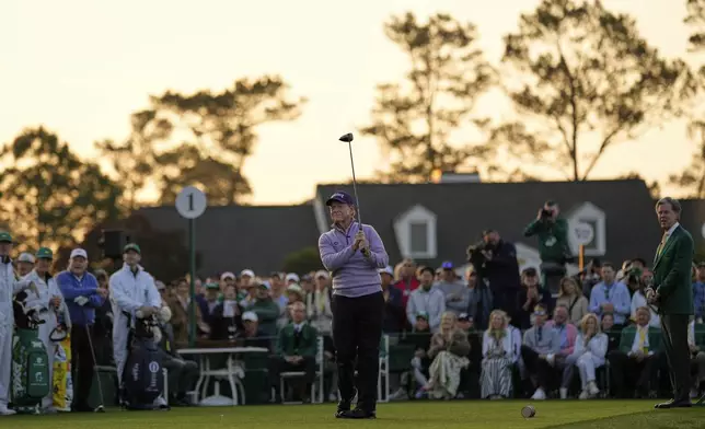 Honorary Starter Tom Watson hits from the first hole during the first round at the Masters golf tournament, Thursday, April 10, 2025, in Augusta, Ga. (AP Photo/David J. Phillip)
