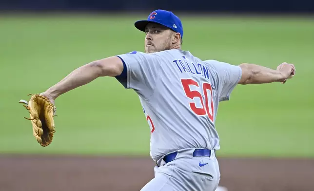 Chicago Cubs starting pitcher Jameson Taillon delivers during the first inning of a baseball game against the San Diego Padres, Monday, April 14, 2025, in San Diego, Calif. (AP Photo/Denis Poroy)