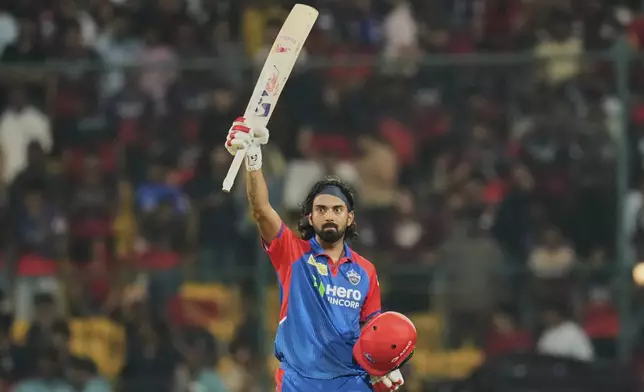 Delhi Capitals' KL Rahul celebrates after winning the Indian Premier League cricket match against Royal Challengers Bengaluru at Chinnaswamy Stadium in Bengaluru, India, Thursday, April 10, 2025. (AP Photo/Aijaz Rahi)