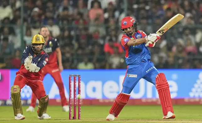 Delhi Capitals' KL Rahul plays a shot during the Indian Premier League cricket match between Royal Challengers Bengaluru and Delhi Capitals at Chinnaswamy Stadium in Bengaluru, India, Thursday, April 10, 2025. (AP Photo/Aijaz Rahi)