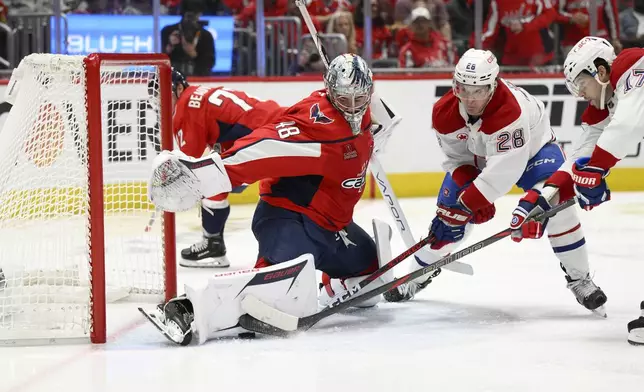 Montreal Canadiens center Christian Dvorak (28) scores a goal against Washington Capitals goaltender Logan Thompson (48) in the second period of Game 2 of a first-round NHL hockey playoff series Wednesday, April 23, 2025, in Washington. (AP Photo/Nick Wass)