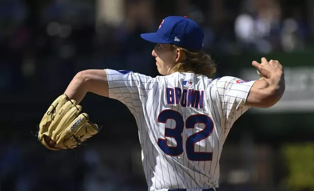 Chicago Cubs pitcher Ben Brown (32) delivers during the first inning of a baseball game against the Philadelphia Phillies, Saturday, April 26, 2025, in Chicago. (AP Photo/Matt Marton)