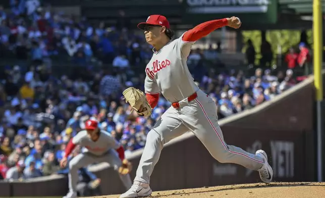 Philadelphia Phillies pitcher Jesús Luzardo delivers during the first inning of a baseball game against the Chicago Cubs, Saturday, April 26, 2025, in Chicago. (AP Photo/Matt Marton)