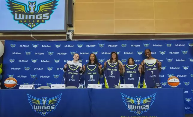 Dallas Wings' WNBA basketball draft selections, from left, Paige Bueckers, Aziaha James, Madison Scott, JJ Quinerly and Aaronette Vonleh pose for photographs during an introductory press conference Wednesday, April 23, 2025, in Dallas. (AP Photo/Julio Cortez)