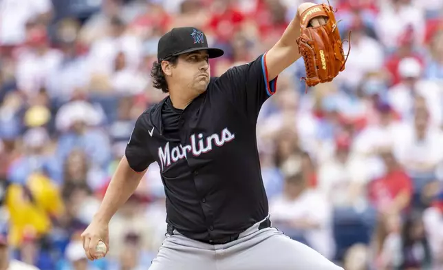 Miami Marlins pitcher Cal Quantrill throws in the first inning of a baseball game against the Philadelphia Phillies, Saturday, April 19, 2025, in Philadelphia. (AP Photo/Laurence Kesterson)