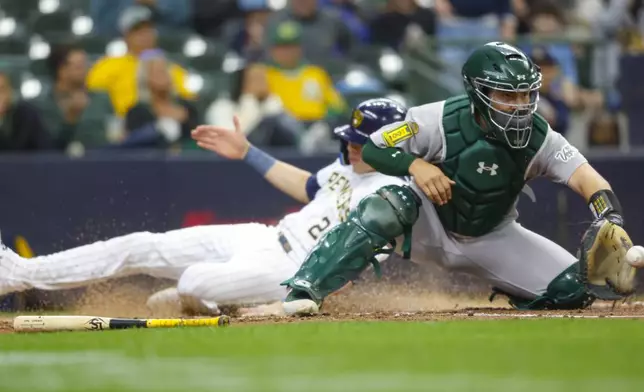 Athletics catcher Shea Langeliers takes the late throw as the Milwaukee Brewers' Christian Yelich, behind, scores during the fourth inning of a baseball game, Sunday, April 20, 2025, in Milwaukee. (AP Photo/Jeffrey Phelps)