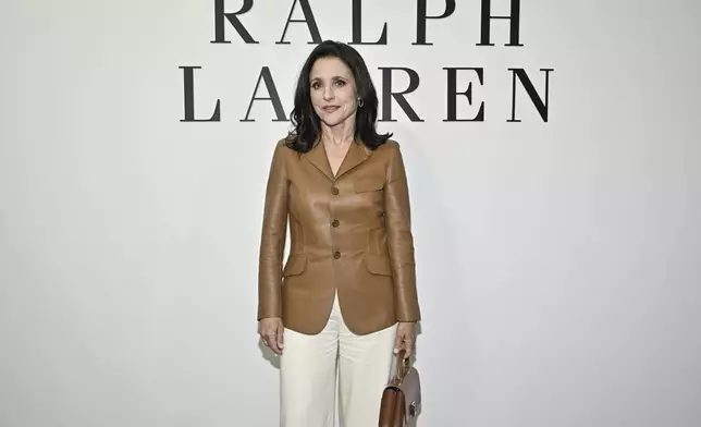 Julia Louis-Dreyfus arrives at the Ralph Lauren Fall 2025 presentation on Thursday, April 17, 2025, in New York. (Photo by Evan Agostini/Invision/AP)