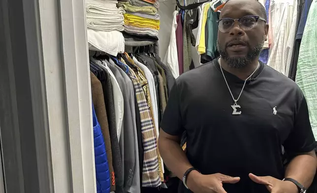 Toi Cliatt talks about the raid in the master bathroom closet he and then-girlfriend Trina Martin hid in after the FBI broke into their home, in Atlanta on Friday, April 25, 2025. (AP Photo/Sudhin Thanawala)