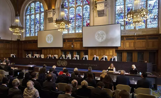 The International Court of Justice open hearings into a United Nations request for an advisory opinion on Israel's obligations to allow humanitarian assistance in Gaza and the West Bank, in The Hague, Netherlands, Monday, April 28, 2025. (AP Photo/Peter Dejong)