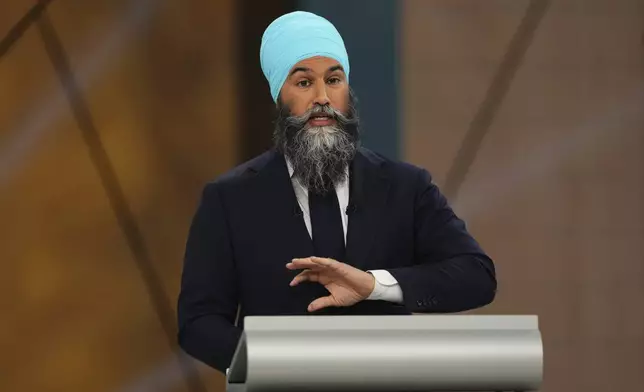 New Democratic Party Leader Jagmeet Singh participates in the French-language federal leaders' debate, in Montreal, Wednesday, April 16, 2025. (Sean Kilpatrick/The Canadian Press via AP)