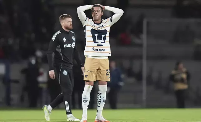 Rogelio Funes Mori of Mexico's Pumas reacts at the end of a CONCACAF Champions Cup second leg quarterfinal soccer match against Canada's Vancouver Whitecaps in Mexico City, Wednesday, April 9, 2025. (AP Photo/Eduardo Verdugo)