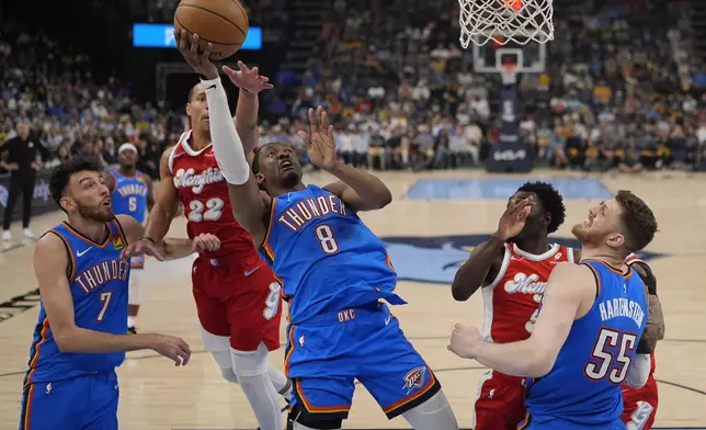 Oklahoma City Thunder forward Jalen Williams (8) shoots the ball past Memphis Grizzlies guard Desmond Bane (22) during the first half in Game 4 of an NBA basketball first-round playoff series Saturday, April 26, 2025, in Memphis, Tenn. (AP Photo/George Walker IV)