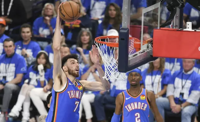Oklahoma City Thunder forward Chet Holmgren dunks during the second half in Game 1 of an NBA first-round playoff series against the Memphis Grizzlies, Tuesday, April 22, 2025, in Oklahoma City. (AP Photo/Kyle Phillips)