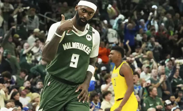 Milwaukee Bucks forward Bobby Portis reacts after scoring a basket during the second half in Game 3 of an NBA basketball first-round playoff series against the Indiana Pacers, Friday, April 25, 2025, in Milwaukee. (AP Photo/Nam Y. Huh)