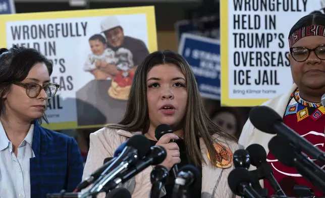 Jennifer Vasquez Sura, the wife of Kilmar Abrego Garcia of Maryland, who was mistakenly deported to El Salvador, speaks during a news conference at CASA's Multicultural Center in Hyattsville, Md., Friday, April 4, 2025. (AP Photo/Jose Luis Magana)