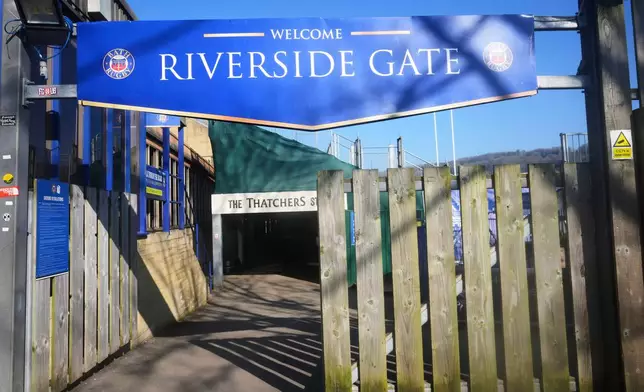 The entrance to the Rugby stadium in the World Heritage site of Bath, England, Wednesday, March 5, 2025. (AP Photo/Frank Augstein)