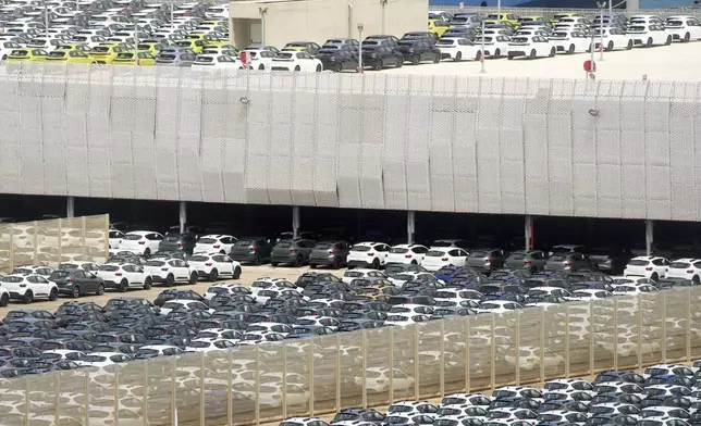 Cars ready for export are parked in Tangier Med Port, Morocco, Sunday, April 20, 2025. (AP Photo/Mosa'ab Elshamy)