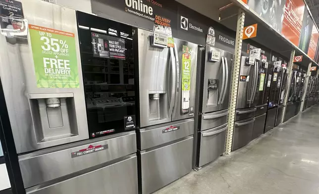 Refrigerators on display at a Home Depot store Thursday, April 17, 2025, in Orlando, Fla. (AP Photo/John Raoux)