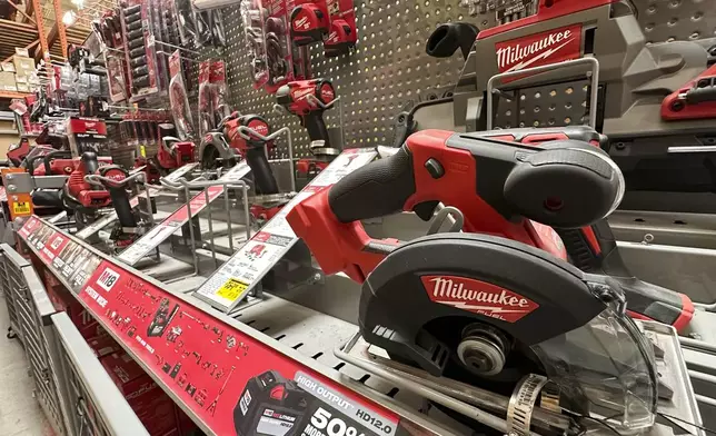 Power tools on display at a Home Depot store Thursday, April 17, 2025, in Orlando, Fla. (AP Photo/John Raoux)
