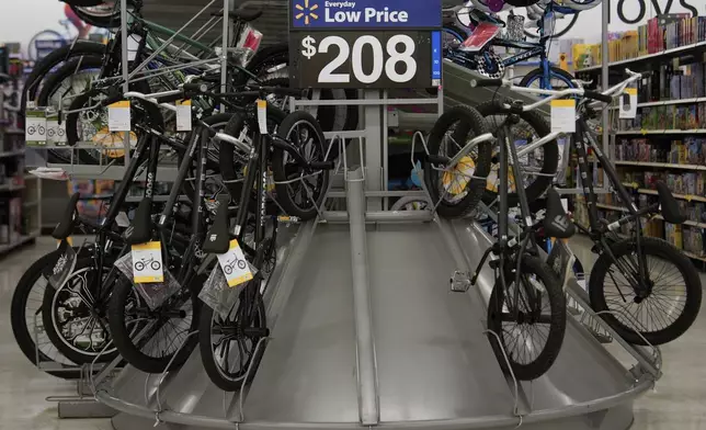 Bicycles are displayed at a Walmart, Wednesday, April 16, 2025, in Groton, Conn. (AP Photo/Julia Demaree Nikhinson)