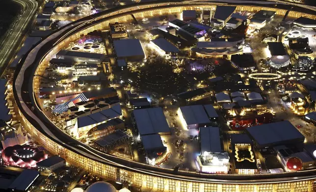 The Grand Ring is seen on Friday April 11, 2025 prior to the opening day of Osaka Expo 2025 in Osaka, western Japan. (Kyodo News via AP)/