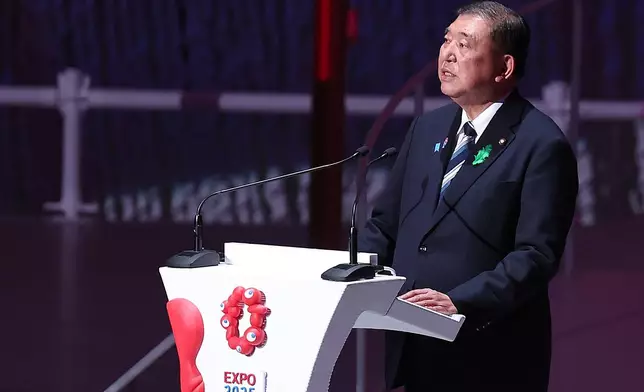 Japan's Prime Minister Shigeru Ishiba speaks during the opening ceremony of the Osaka Expo 2025 in Osaka, western Japan Saturday, April 12, 2025. (Jia Haocheng/Pool Photo via AP)
