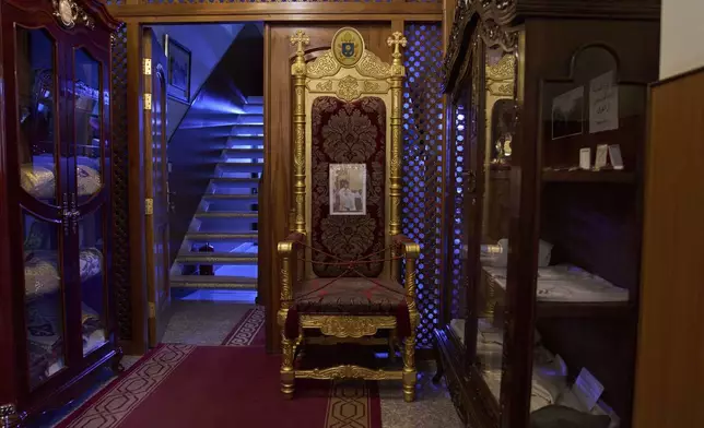 The throne, used by Pope Francis during his March 2021 visit of the Mar Youssif Chaldean Church, is placed in the church in Baghdad, Iraq, Monday, April 21, 2025. (AP Photo/Hadi Mizban)