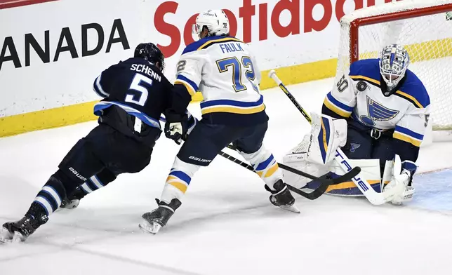 St. Louis Blues goaltender Jordan Binnington (50) makes a save against Winnipeg Jets' Luke Schenn (5) as Blues' Justin Faulk (72) defends during the third period of Game 2 of a first-round NHL hockey playoff series in Winnipeg, Manitoba, Monday April 21, 2025. (Fred Greenslade/The Canadian Press via AP)