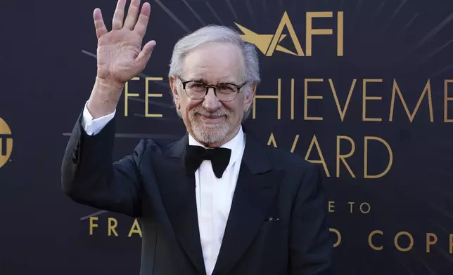 Steven Spielberg arrives at the 50th AFI Life Achievement Award tribute to Francis Ford Coppola on Saturday, April 26, 2025, at the Dolby Theatre in Los Angeles. (Photo by Jordan Strauss/Invision/AP)