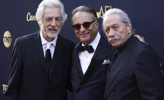 Joe Mantegna, from left, Andy García, Edward James Olmos arrive at the 50th AFI Life Achievement Award tribute to Francis Ford Coppola on Saturday, April 26, 2025, at the Dolby Theatre in Los Angeles. (Photo by Jordan Strauss/Invision/AP)