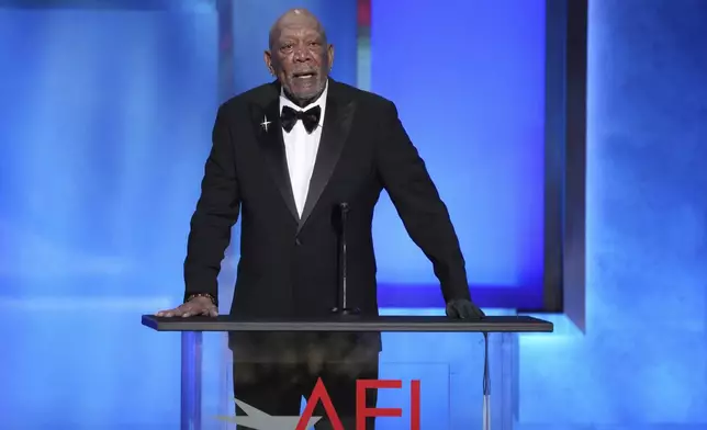 Actor Morgan Freeman addresses the audience during the 50th AFI Life Achievement Award tribute to Francis Ford Coppola on Saturday, April 26, 2025, at the Dolby Theatre in Los Angeles. (AP Photo/Chris Pizzello)