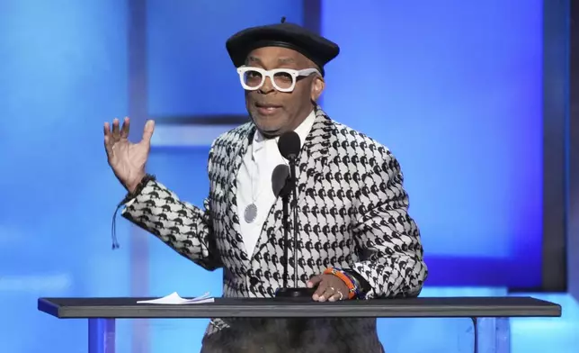 Filmmaker Spike Lee makes remarks during the 50th AFI Life Achievement Award tribute to Francis Ford Coppola on Saturday, April 26, 2025, at the Dolby Theatre in Los Angeles. (AP Photo/Chris Pizzello)