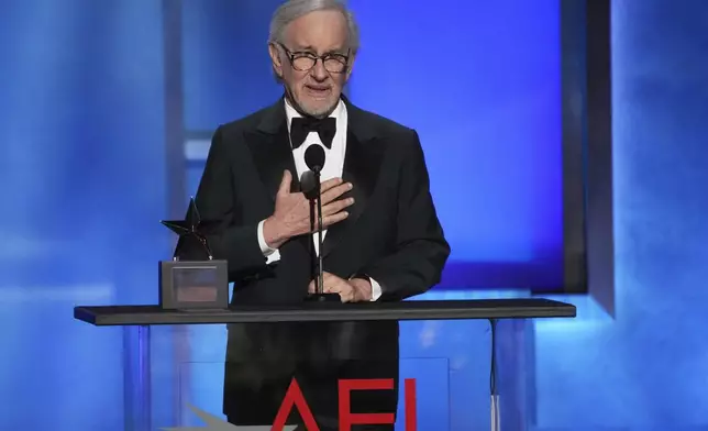 Director Steven Spielberg makes remarks during the 50th AFI Life Achievement Award tribute to Francis Ford Coppola on Saturday, April 26, 2025, at the Dolby Theatre in Los Angeles. (AP Photo/Chris Pizzello)