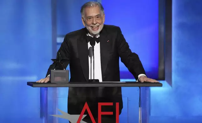 Filmmaker Francis Ford Coppola accepts the 50th AFI Life Achievement Award during a gala celebration for him on Saturday, April 26, 2025, at the Dolby Theatre in Los Angeles. (AP Photo/Chris Pizzello)