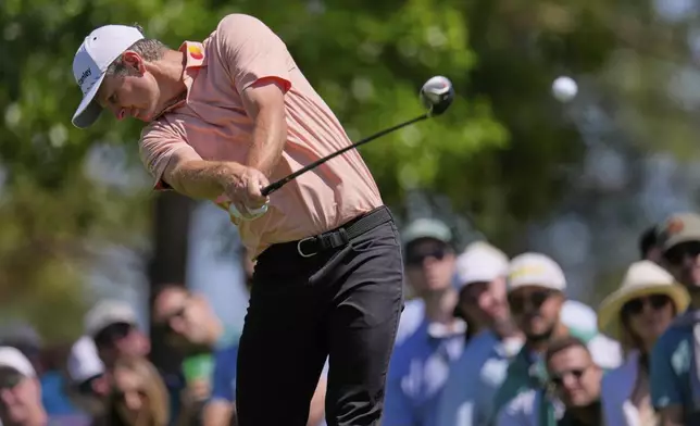 Justin Rose hits his tee shot on the fourth hole during the final round at the Masters golf tournament, Sunday, April 13, 2025, in Augusta, Ga. (AP Photo/George Walker IV)