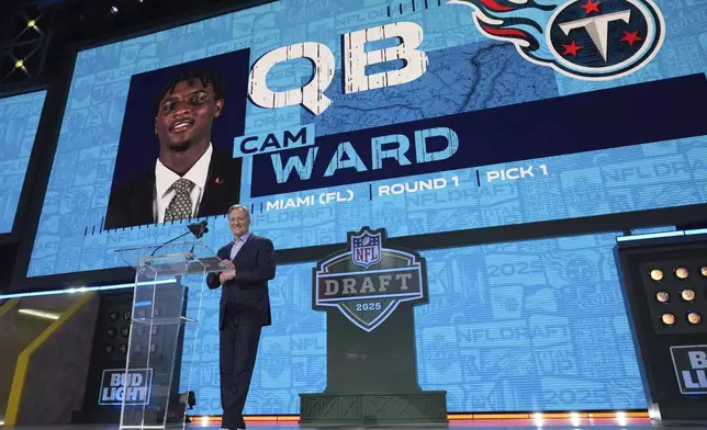 NFL Commissioner Roger Goodell announces Miami quarterback Cam Ward after being chosen by the Tennessee Titans with the first overall pick during the first round of the NFL football draft, Thursday, April 24, 2025, in Green Bay, Wis. (AP Photo/Jeff Roberson)