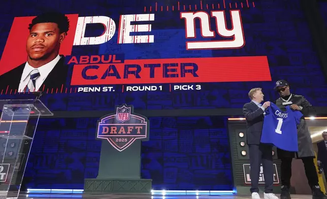 Penn State defensive end Abdul Carter, right, poses with NFL Commissioner Roger Goodell after being chosen by the New York Giants with the third overall pick during the first round of the NFL football draft, Thursday, April 24, 2025, in Green Bay, Wis. (AP Photo/Jeff Roberson)
