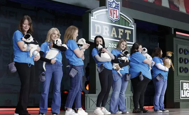 People hold puppies from the Wisconsin Humane Society during the third day of the NFL football draft, Saturday, April 26, 2025, in Green Bay, Wis. (AP Photo/Matt Ludtke)
