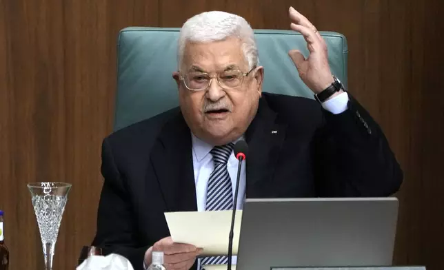 FILE - Palestinian President Mahmoud Abbas speaks during a conference at the Arab League headquarters in Cairo, Feb. 12, 2023. (AP Photo/Amr Nabil, File)