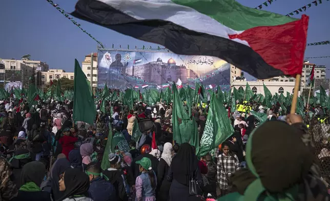 FILE - Palestinians attend a rally marking the 35th anniversary of the Hamas movement’s founding in Gaza City, Dec. 14, 2022. (AP Photo/Fatima Shbair, File)