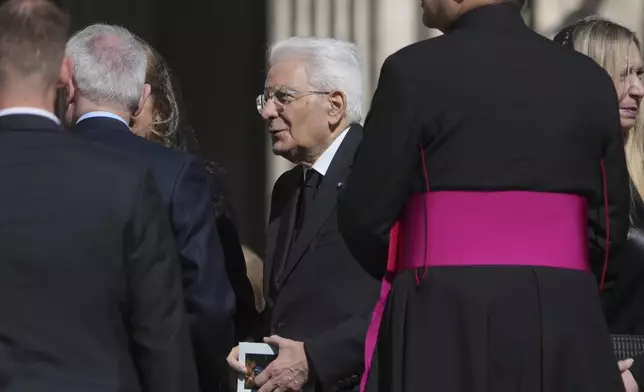 Italy's President Sergio Mattarella arrives for the funeral of Pope Francis in St. Peter's Square at the Vatican, Saturday, April 26, 2025. (AP Photo/Alessandra Tarantino)