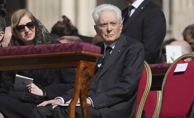 Italy's President Sergio Mattarella sits during the funeral of Pope Francis in St. Peter's Square at the Vatican, Saturday, April 26, 2025. (AP Photo/Alessandra Tarantino)