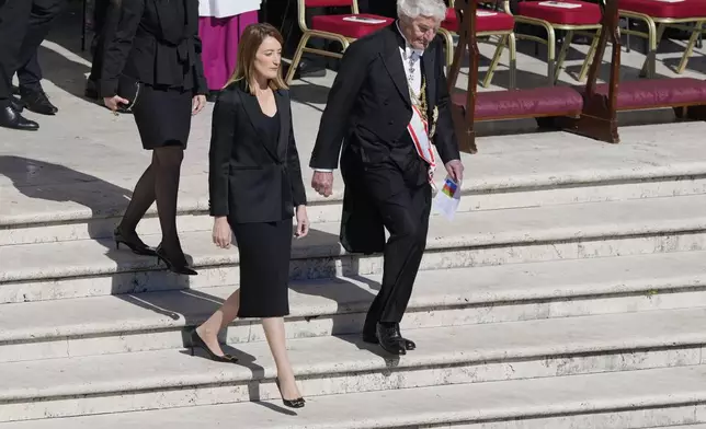 European Parliament President Roberta Metsola arrives for the funeral of Pope Francis in St. Peter's Square at the Vatican, Saturday, April 26, 2025. (AP Photo/Gregorio Borgia)