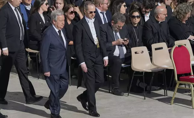 United Nations Secretary General Antonio Guterres, center left, arrives for the funeral of Pope Francis in St. Peter's Square at the Vatican, Saturday, April 26, 2025. (AP Photo/Gregorio Borgia)