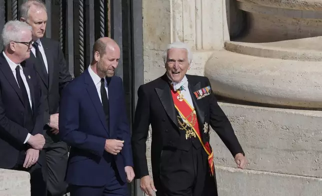 Britain's Prince William, center, arrives for the funeral of Pope Francis in St. Peter's Square at the Vatican, Saturday, April 26, 2025. (AP Photo/Gregorio Borgia)