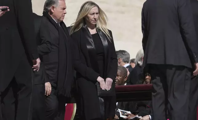 Karina Milei, sister of Argentina's President Javier Milei and General Secretary of the Presidency of the Argentine, arrives for the funeral of Pope Francis in St. Peter's Square at the Vatican, Saturday, April 26, 2025. (AP Photo/Alessandra Tarantino)
