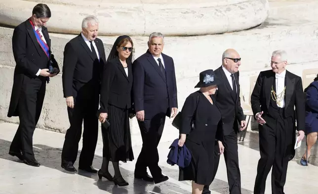 Hungary's Prime Minister Viktor Orban, fourth left, arrives for the funeral of Pope Francis in St. Peter's Square at the Vatican, Saturday, April 26, 2025. (AP Photo/Markus Schreiber)